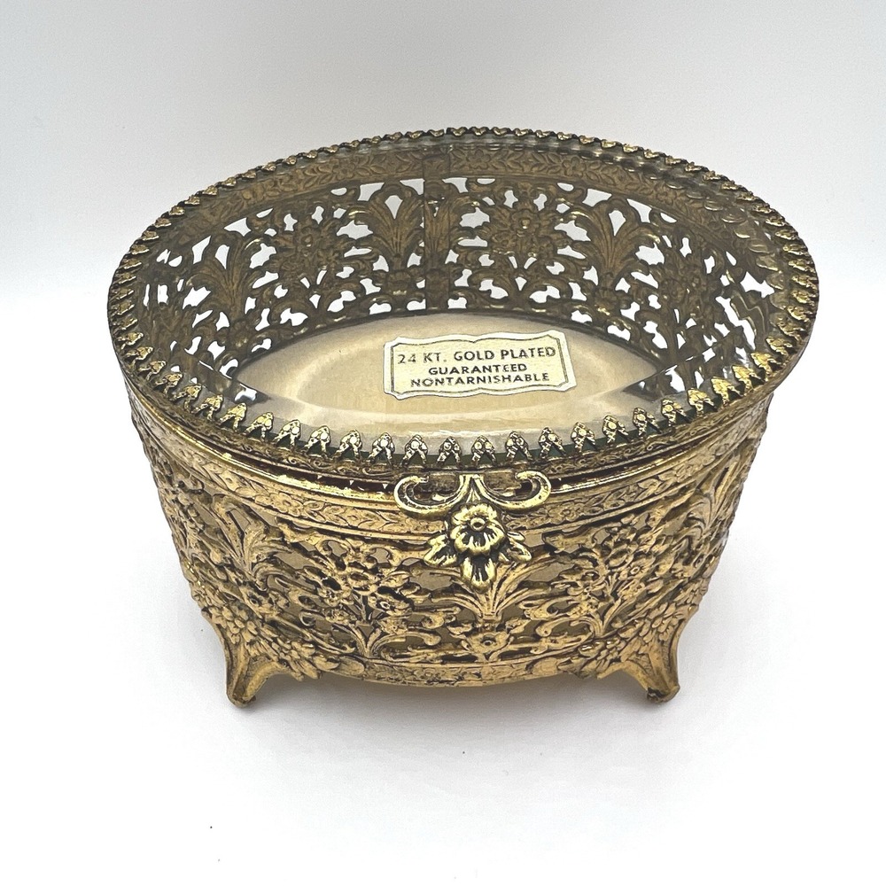Vintage 24kt Gold Plated Filigree Ormolu Oval Jewelry Casket Box Glass Lid Clean